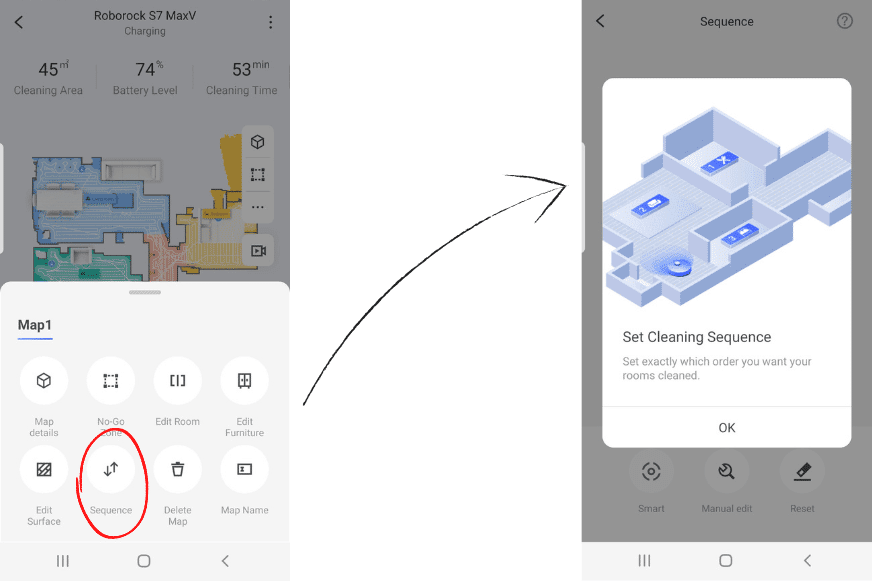 Порядок уборки помещений задается в приложении Roborock S7 MaxV Ultra.